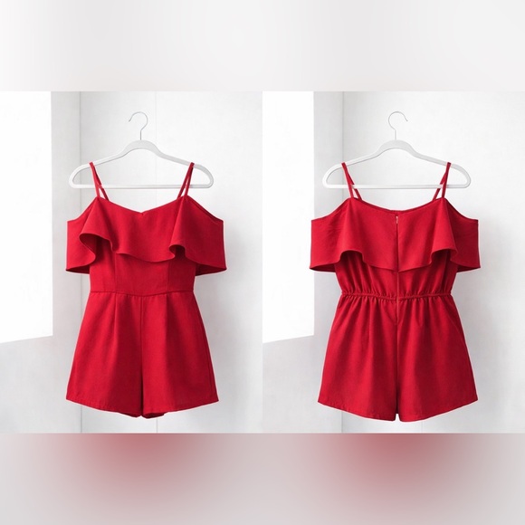 Red Off-Shoulder Ruffle Romper - Picture 2 of 3